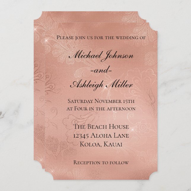 Chic Rose Gold Lace Wedding Invitation (Front/Back)