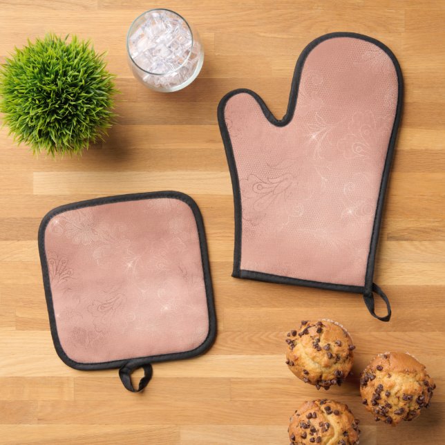 Chic Rose Gold Lace Wedding Oven Mitt & Pot Holder Set (Top Down)