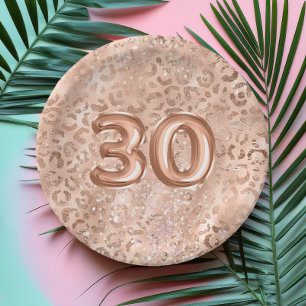 Chic Rose Gold Leopard Print 30th Birthday Paper Plate