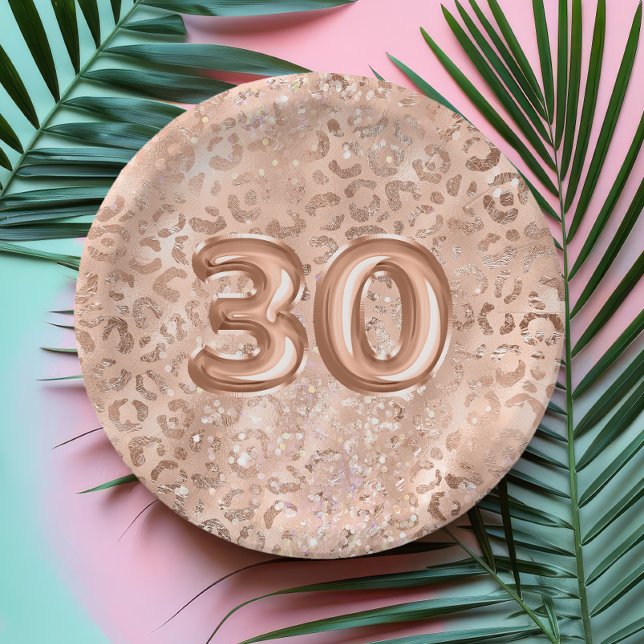 Chic Rose Gold Leopard Print 30th Birthday Paper Plate (Creator Uploaded)