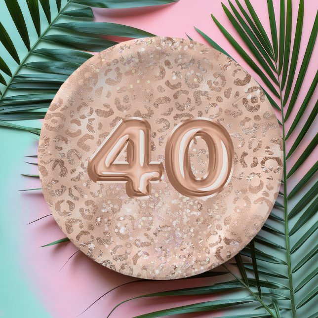 Chic Rose Gold Leopard Print 40th Birthday Paper Plate (Creator Uploaded)