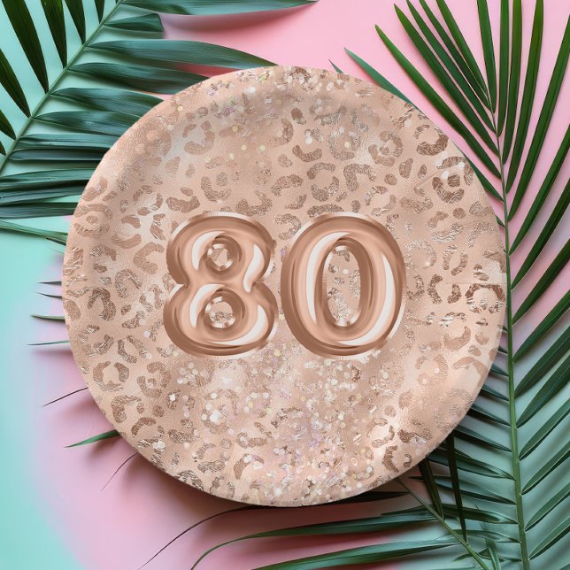 Chic Rose Gold Leopard Print 80th Birthday Paper Plate (Creator Uploaded)