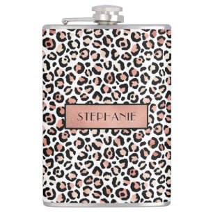 Chic Rose Gold Leopard Print Personalised Hip Flask