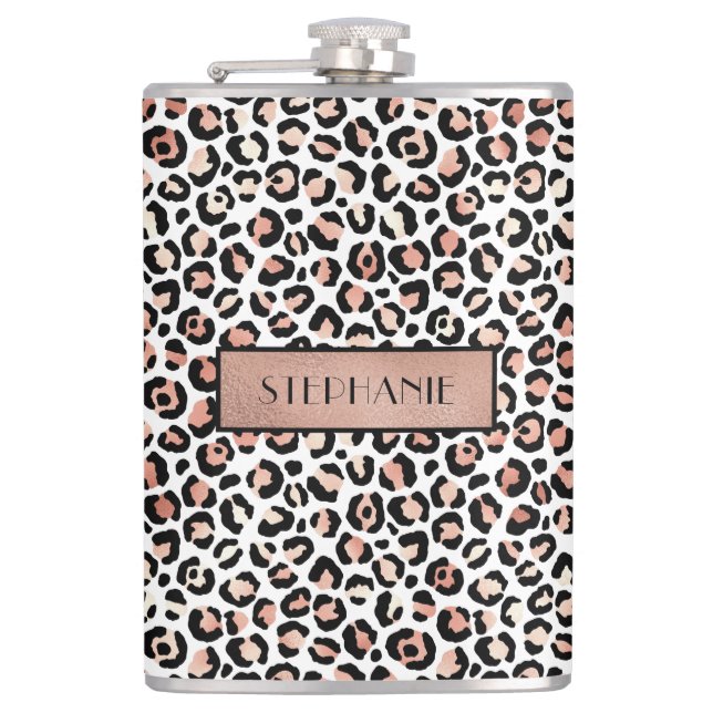 Chic Rose Gold Leopard Print Personalised Hip Flask (Front)