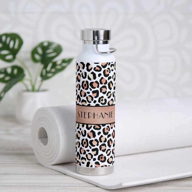 Chic Rose Gold Leopard Print Personalised Water Bottle (Yoga)