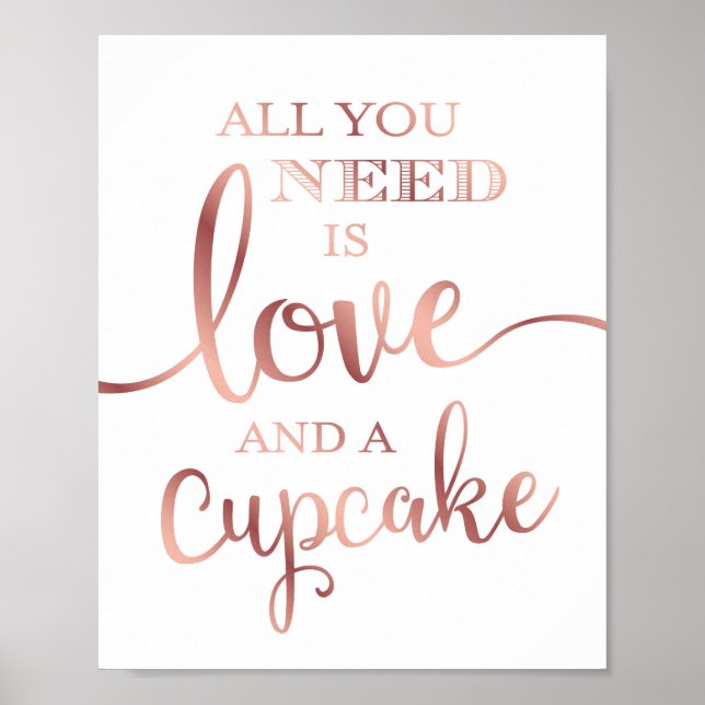 Chic Rose Gold LOVE AND A CUPCAKE Sign Print (Front)