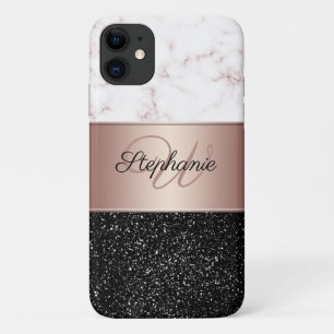 Chic Rose Gold Marble Black Glitter Monogram iPhone 11 Case