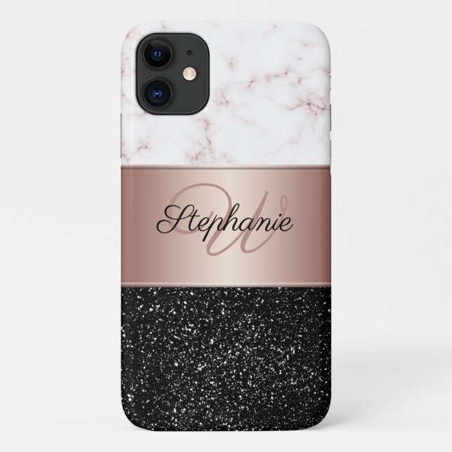 Chic Rose Gold Marble Black Glitter Monogram Case-Mate iPhone Case (Back)