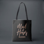 Chic Rose Gold Modern Maid of Honour Monogram Tote Bag<br><div class="desc">Chic Rose Gold Modern Typography and Customisable Background Colour! Choose any custom colour by clicking the "customise further" link below the text personalisation areas. Scroll down on the right side of the editor past the text and images and pick from the colours or enter your custom colour code! Stylish Wedding...</div>