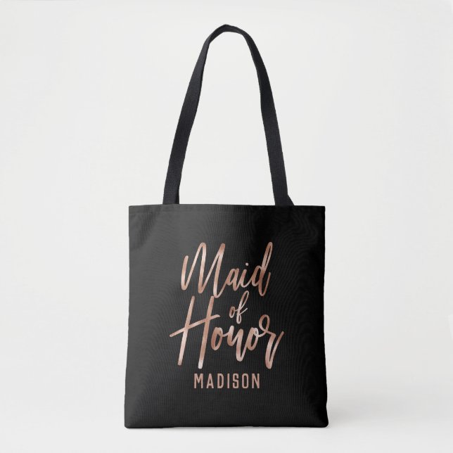 Chic Rose Gold Modern Maid of Honour Monogram Tote Bag (Front)