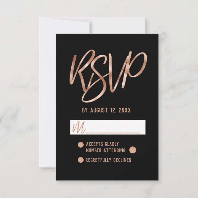 Chic Rose Gold Modern Typography Wedding RSVP Card (Front)
