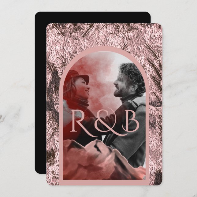 Chic Rose Gold Mountains Arched Photo Wedding Invitation (Front/Back)