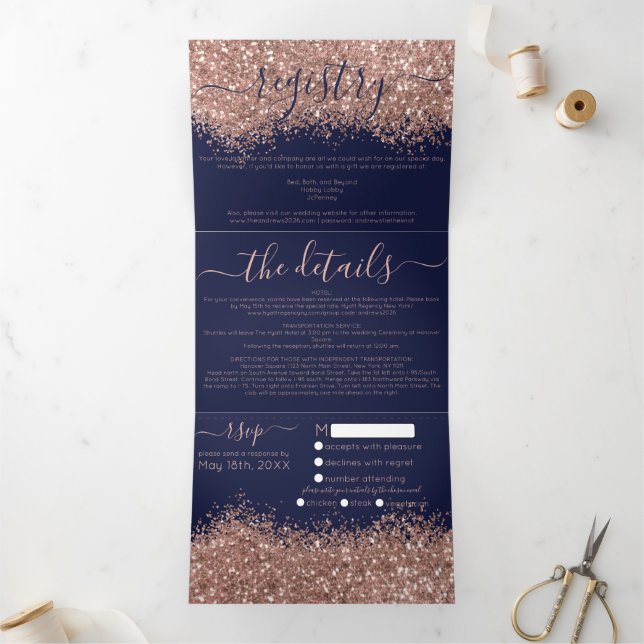 Chic Rose Gold Navy Glitter Registry Detail RSVP Tri-Fold Invitation (Inside)