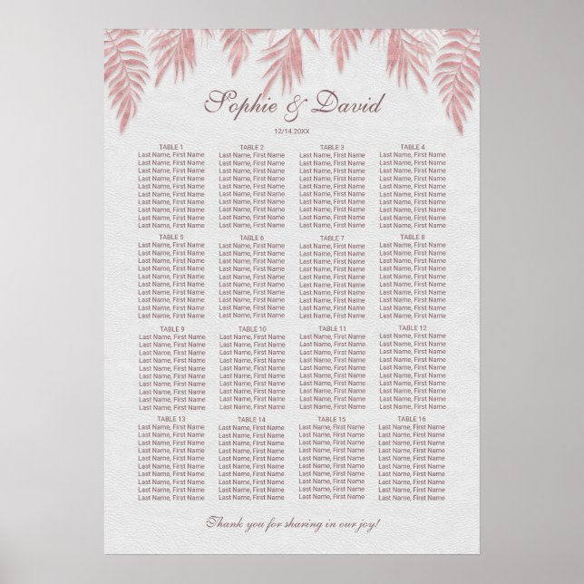 Chic Rose Gold Palm Leaves Wedding Seating Chart (Front)