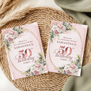 Chic Rose Gold Pastel Pink Floral 50th Birthday  Thank You Card