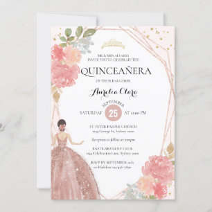 Chic Rose Gold Pink Floral Geometric Quinceañera I Invitation