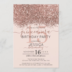 Chic Rose Gold Pink Glitter Confetti Quinceañera Invitation
