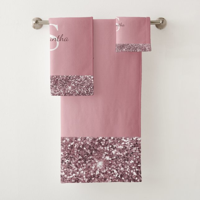 Chic Rose Gold Pink Glitter Drips Monogram Name Bath Towel Set (Insitu)