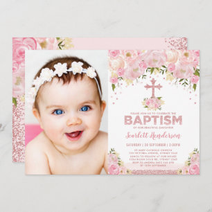 Chic Rose Gold Pink Glitter Floral Baptism Photo Invitation