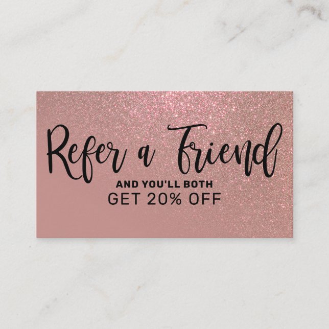 Chic Rose Gold Pink Glitter Gradient Typography Referral Card (Front)
