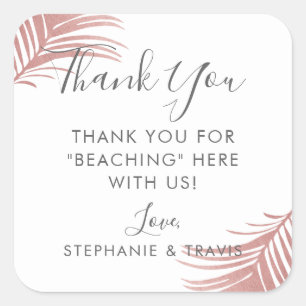 Chic Rose Gold Pink Palm Leaves Thank You Favour Square Sticker