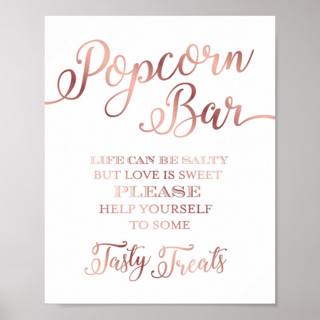 Chic Rose Gold POPCORN BAR QUOTE Sign Print (Front)
