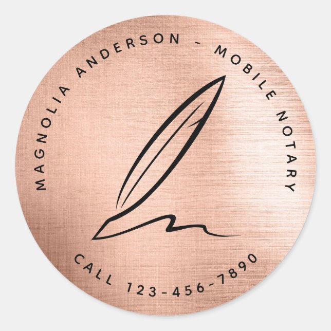 Chic Rose Gold Quill Mobile Notary Classic Round Sticker (Front)