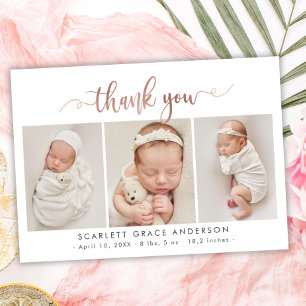 Chic Rose Gold Script Baby Photo Collage Thank You Postcard