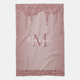 Chic Rose Gold Sparkle Dripping Glitter Monogram Tea Towel