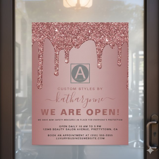 Chic Rose Gold Sparkle Glitter Drips Business Open Poster (Chic Rose Gold Sparkle Glitter Drips Business Open Poster with Digital Download Option)
