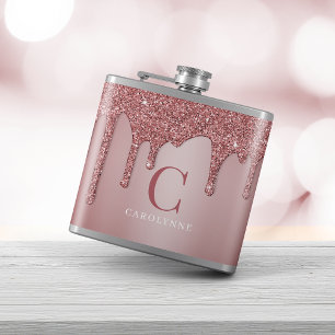 Chic Rose Gold Sparkle Glitter Drips Monogram Hip Flask
