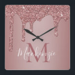 Chic Rose Gold Sparkle Glitter Drips Monogram Square Wall Clock<br><div class="desc">Girly Chic Rose Gold Sparkle Glitter Drips Monogram Wall Clock for your room with fashion faux blush pink/rose gold glitter drips on a chic background with your custom monogram and name. This cute design is easy to customise for your space. Please contact us at cedarandstring@gmail.com if you need assistance with...</div>