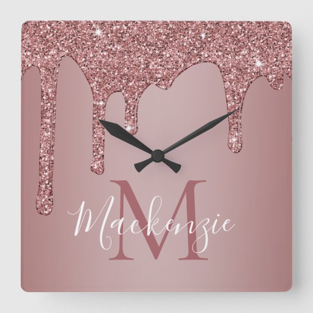 Chic Rose Gold Sparkle Glitter Drips Monogram Square Wall Clock (Front)