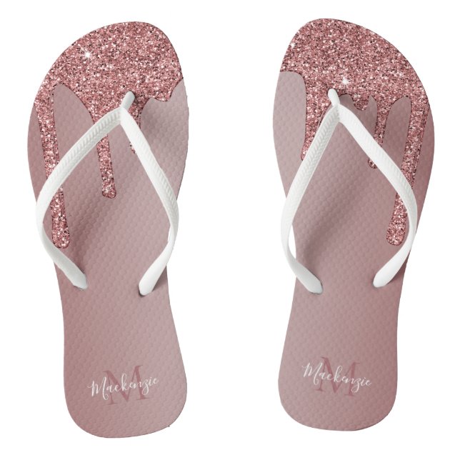 Chic Rose Gold Sparkle Glitter Drips Monogram Thongs (Footbed)