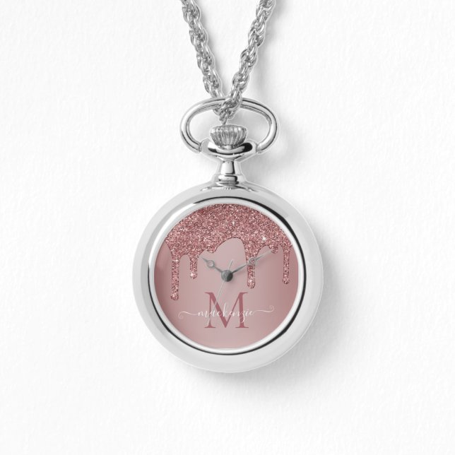 Chic Rose Gold Sparkle Glitter Drips Monogram Watch (Front)