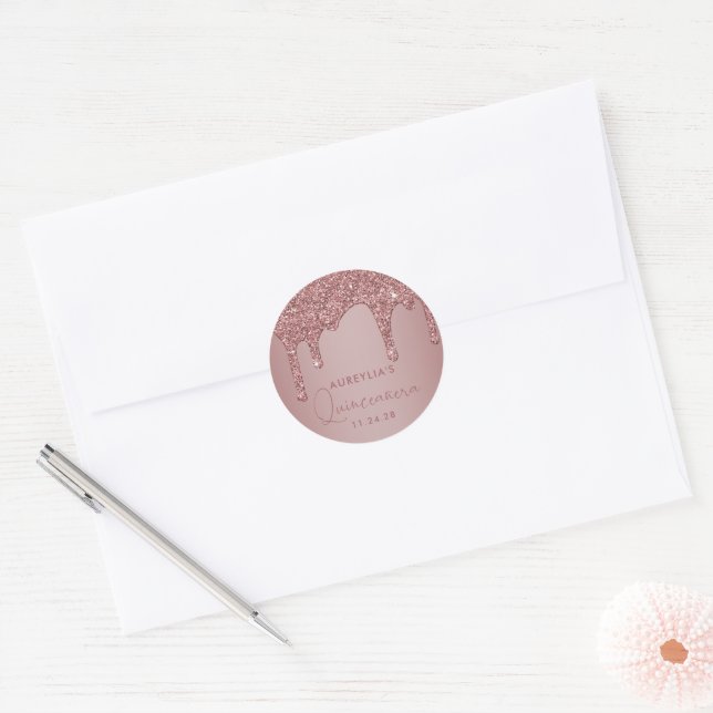 Chic Rose Gold Sparkle Glitter Drips Quinceanera Classic Round Sticker (Envelope)