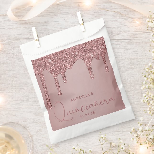 Chic Rose Gold Sparkle Glitter Drips Quinceanera Favour Bag (Clipped)