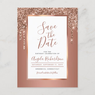 Chic Rose Gold Sparkle Glitter Drips Save the Date Postcard