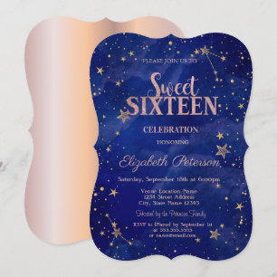 Chic Rose Gold Stars Navy Blue  Sweet 16 Invitation
