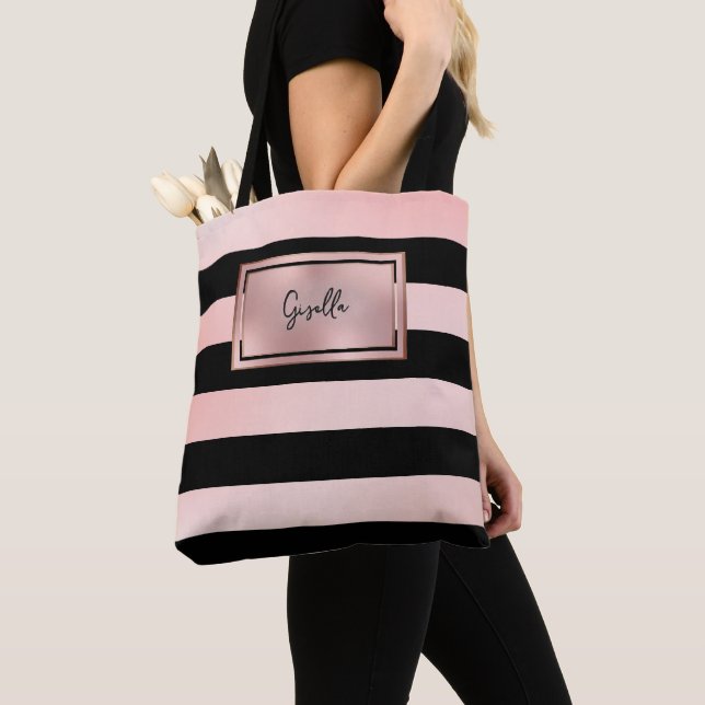 Chic Rose Gold Stripes Tote Bag (Close Up)