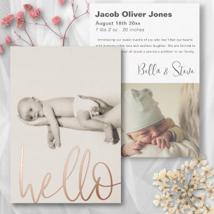 Chic Rose Gold Text Hello Photo Baby Announcement