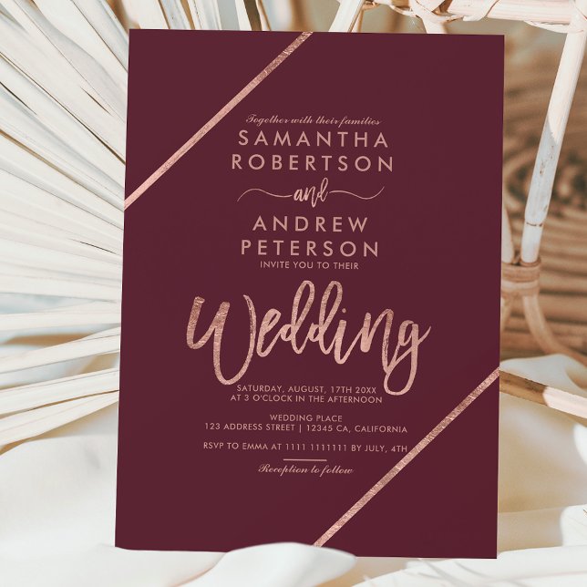 Chic rose Gold typography red burgundy wedding Invitation (Creator Uploaded)