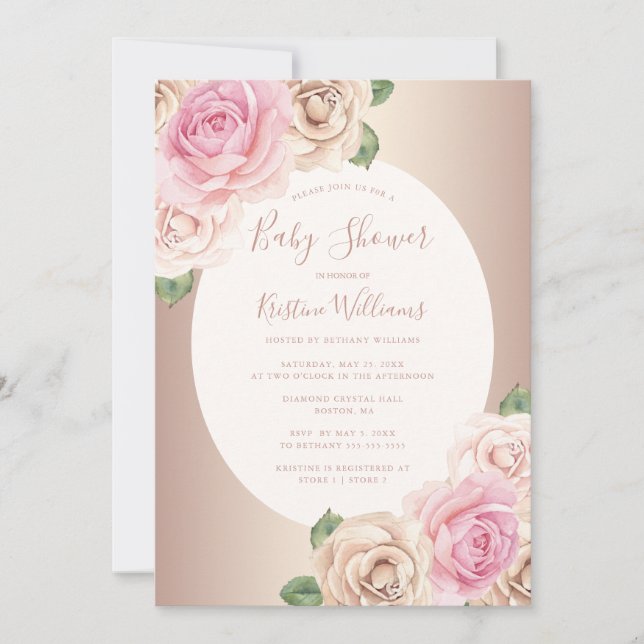 Chic Rose Gold Watercolor Floral Baby Shower Invitation (Front)