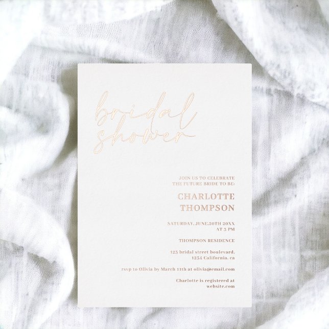 Chic rose gold white casual script bridal shower (Chic rose gold white casual script bridal shower foil invitation)