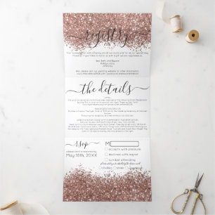 Chic Rose Gold White Glitter Registry Detail RSVP Tri-Fold Invitation