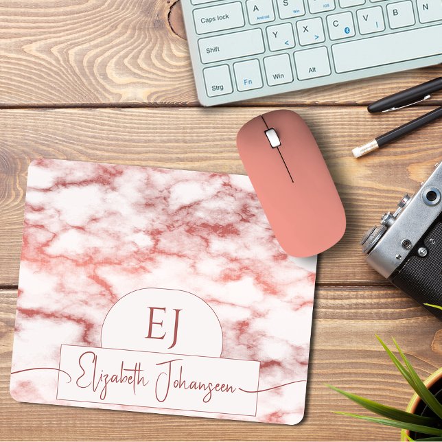 Chic Rose Gold White Marble Script Name Monogram Mouse Pad (Creator Uploaded)