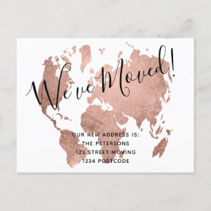 Chic rose gold world map moving announcement postcard