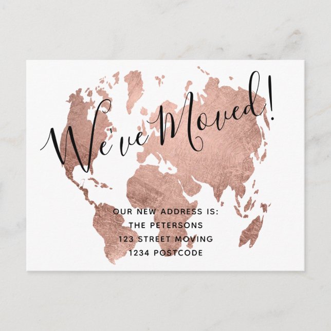 Chic rose gold world map moving announcement postcard (Front)