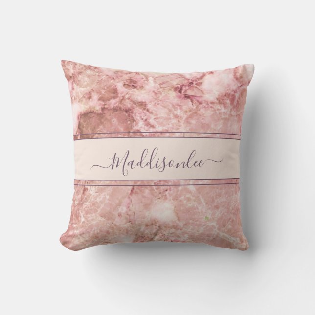 Chic Rose Pink Crystal Monogram Name Marble Agate  Cushion (Front)
