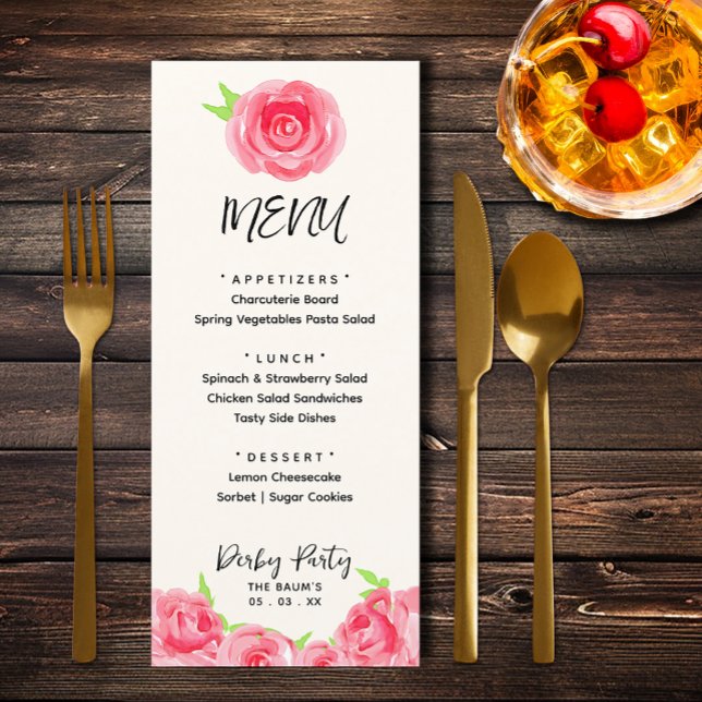 Chic Roses Floral Derby Day Party Menu (Chic watercolor roses floral Derby Day party menus)